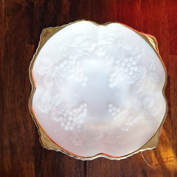 Vintage Other - Anchor Hocking  Milk Glass Grape/Leaves Pattern Fruit Bowl Gold Trim